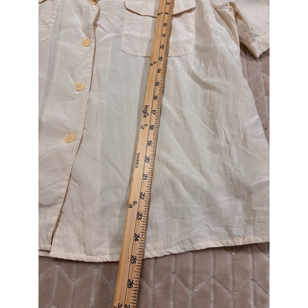 VTG 100% Silk Safari Shirt Sz 12 Cream Short Sleeve Gorpcore Utilitarian Blouse - Picture 10 of 14